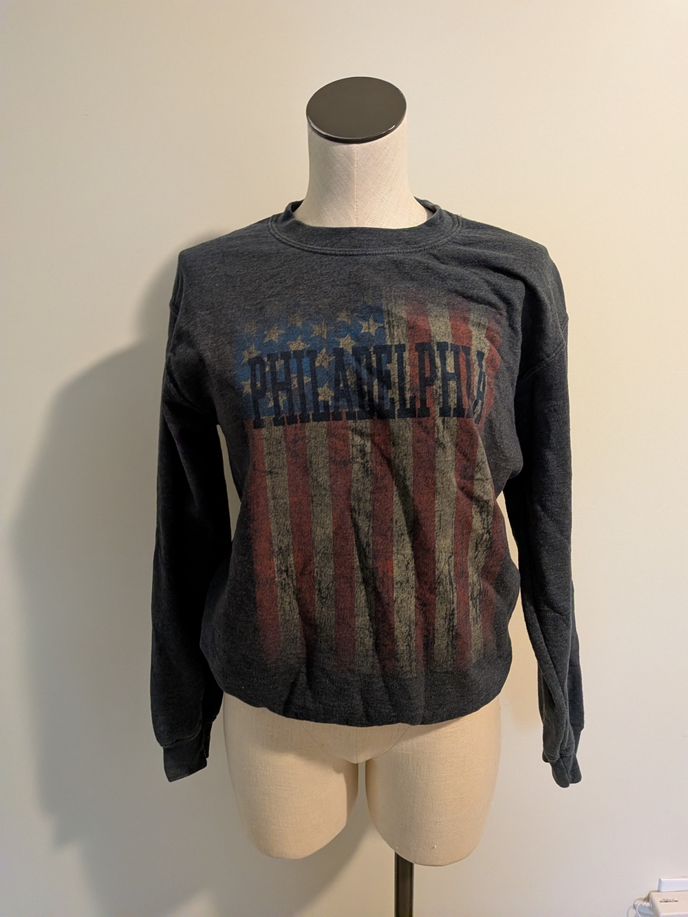 Gildan Charcoal Crewneck Sweatshirt with Faded Red & Blue Flag Graphic